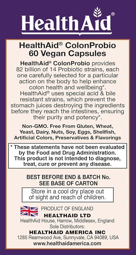 HealthAid ColonProbio 82 Billion with Prebiotic 14 Strains Once Daily 60ct Optimum Colon Care Acid &amp Bile Resistant Dairy Free Gluten Free Non-GMO High Bifido