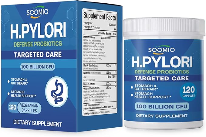 H.Pylori Support Probiotic 100 Billion CFU - Lactobacillus Reuteri Mastic Gum Berberine Zinc Carnosine Green Tea | Stomach Comfort &amp Gut Microbiome Care | Delayed-Release Vegan Capsules 120 C