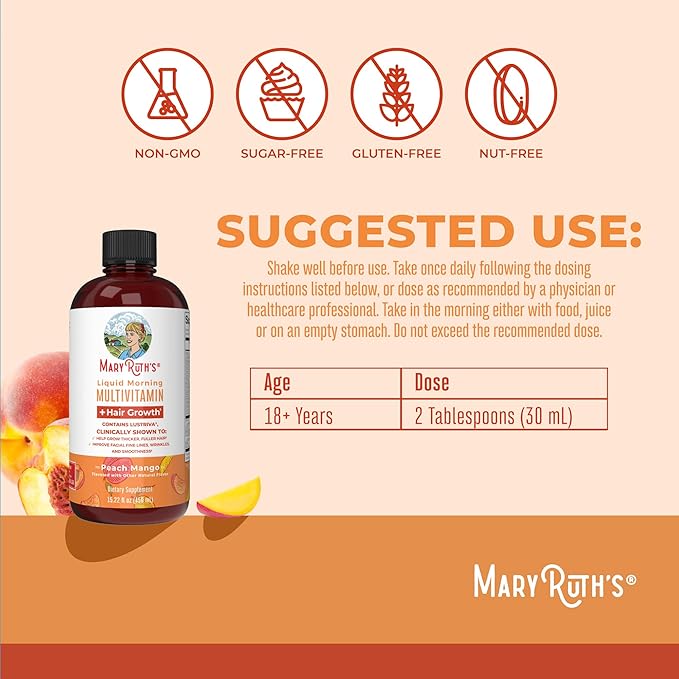MaryRuth's Morning Multivitamin +Hair Growth (Peach Mango 15oz) Nighttime Multimineral (Coconut 15oz) &amp Probiotic Drops (2oz) | Vegan Vitamins for Beauty Bedtime &amp Wellness | Non-GMO
