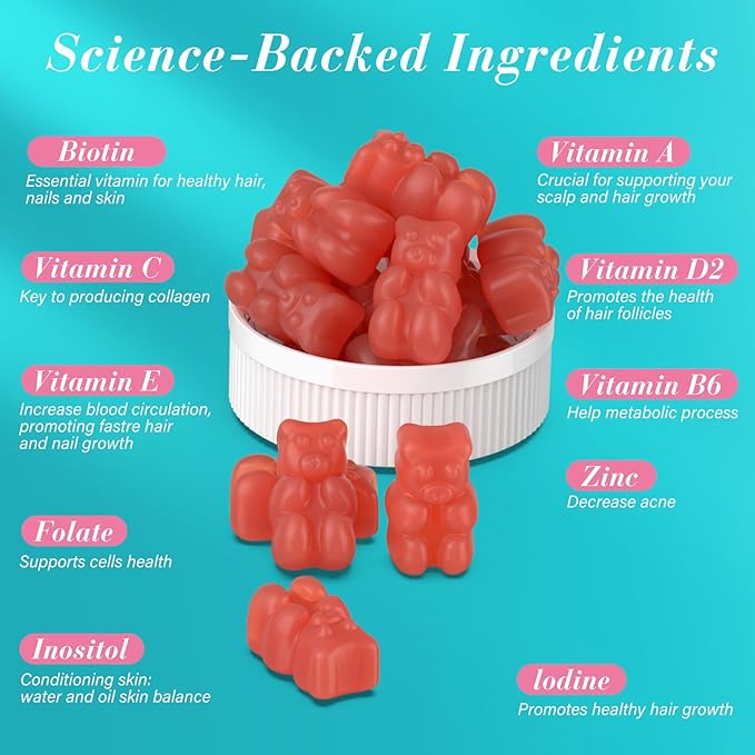 Biotin Gummies -Hair Skin and Nails Vitamins for Men &amp Women Vegan Vitamin B7 Supports Hair Growth and Stronger Nails90 Day Supply-Strawberry-180 Counts