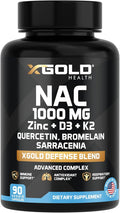 XGold Health NAC 1000 mg with Quercetin 95% Bromelain Zinc Vitamin C D3 &amp K2 Immune Support &amp Antioxidant Supplement Advanced Defense Blend 90 Veggie Capsules