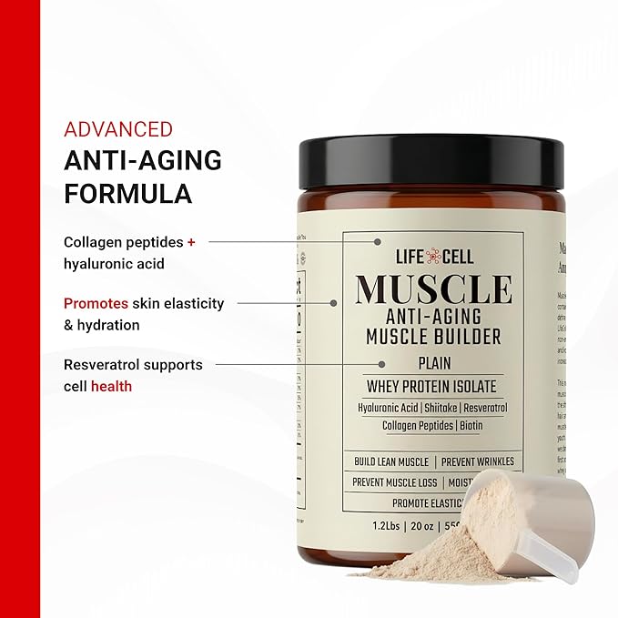 LifeCell Whey Protein – Anti-Aging Muscle Builder with Shiitake Mushroom Collagen &amp Hyaluronic Acid – Plain No Sugar Added Soy-Free Gluten-Free 550g