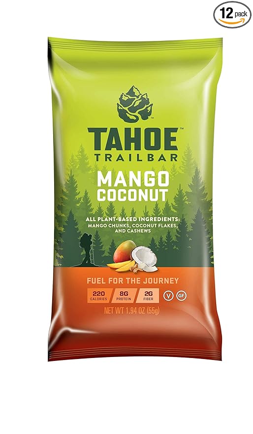 Tahoe Trail Bar Plant-Based Natural Energy Bar (1.94 Ounce Protein Bar 12 Count) High Protein Non-GMO Gluten-Free Vegan Healthy Snacks - Mango Coconut