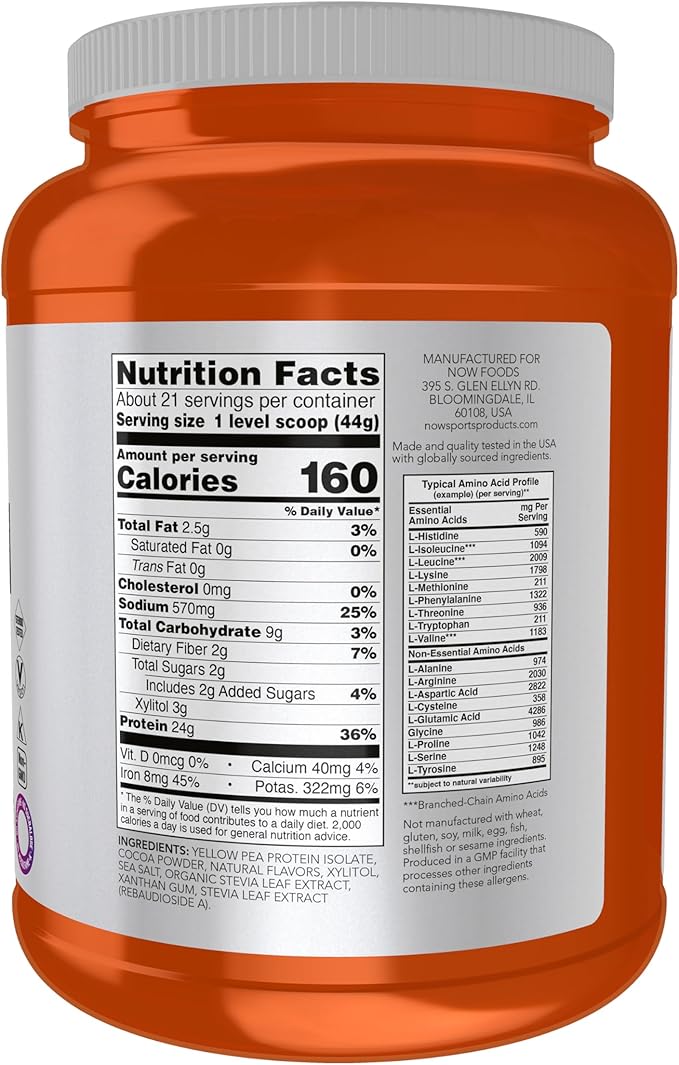 NOW Foods Sports Nutrition Pea Protein 24 g Easily Digested Creamy Chocolate Powder 2-Pound