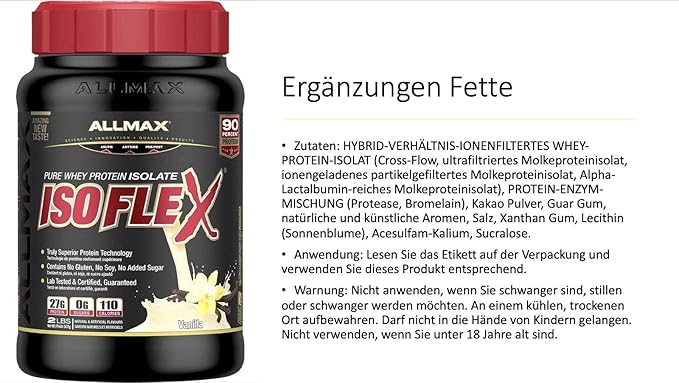 ALLMAX ISOFLEX Whey Protein Isolate Vanilla - 2 lb - 27 Grams of Protein Per Scoop - Zero Fat &amp Sugar - 99% Lactose Free - Gluten Free &amp Soy Free - Approx. 30 Servings