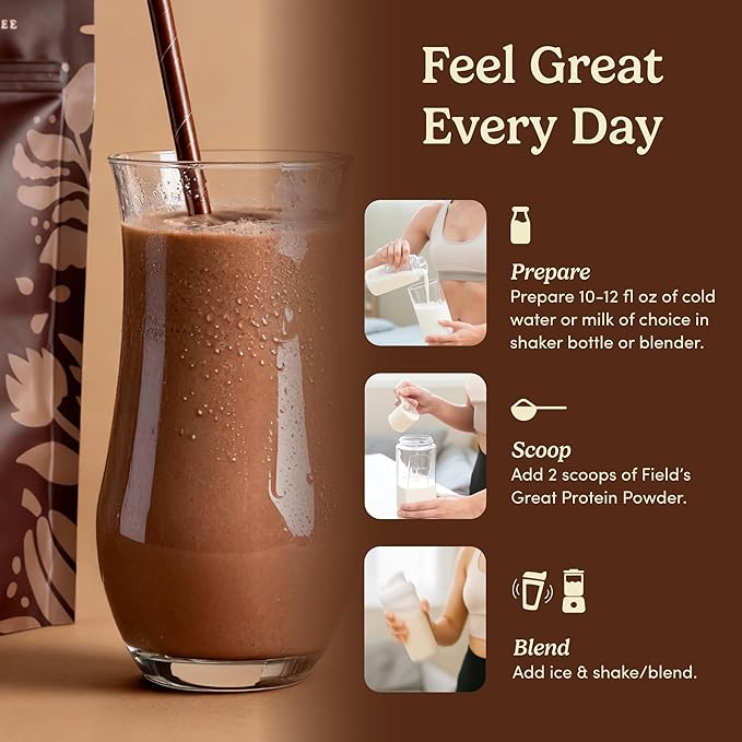 Field's Great All-in-One Plant-Based Chocolate Protein Shake Powder – Healthy Aging 30g Protein 5g Fiber + Probiotics Gut-Friendly Blood Sugar &amp Muscle Support Vegan Meal Replacement GLP1 2