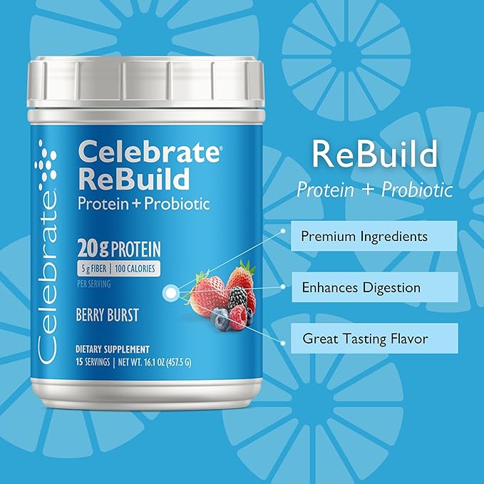 Celebrate Vitamins Rebuild Protein Powder with Probiotics &amp Prebiotics - 20g Whey Isolate Protein High Fiber for Post Bariatric Surgery Patients - Berry Burst (15 Servings)