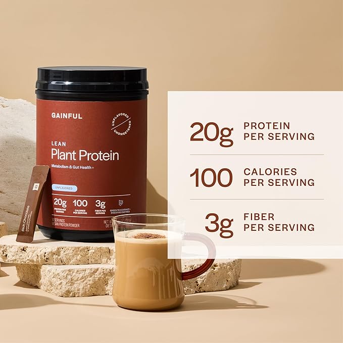 Gainful Lean Plant Protein Powder 20g Plant Protein per Serving Unflavored Supports Lean Muscle Metabolism &amp Satiety with Green Tea Extract Digestive Enzymes Organic Fiber Vegan 14 Servi