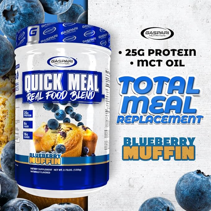 Gaspari Nutrition Quick Meal Total Meal Replacement Protein Shake Complete Protein from Beef Protein Isolate Egg White Protein and Greek Yogurt Protein (2.75 lbs Blueberry Muffin)