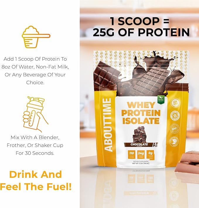 About Time Whey Protein Isolate Powder 24g Chocolate Natural Ingredients Non-GMO Gluten-Free Lactose-Free Zero Sugar Low Carb 32 Servings