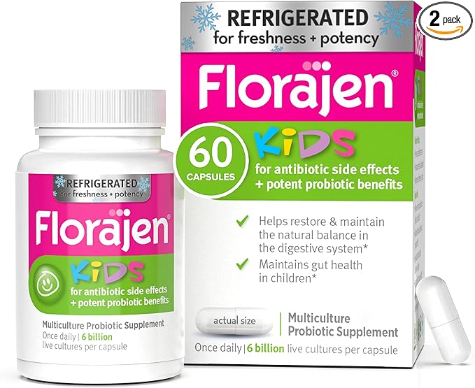 Florajen Kids Probiotic - Daily Gut &amp Immune Support for Children 6 Months &amp Up - Constipation Bloating &amp Digestive Relief - Refrigerated for Freshness &amp Potency - 60 Capsules