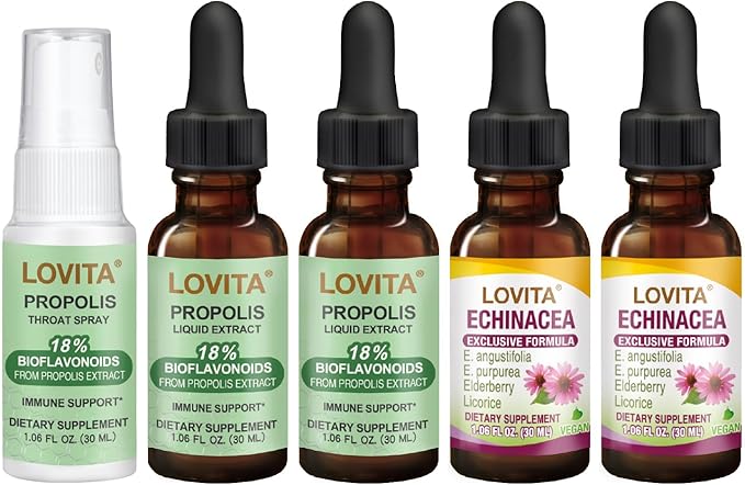 LOVITA Advanced Herbal Bundle - 2 Propolis Drops 1 Throat Spray &amp 2 Echinacea Liquids High Potency Bioflavonoids &amp Elderberry (5 Pc Set)