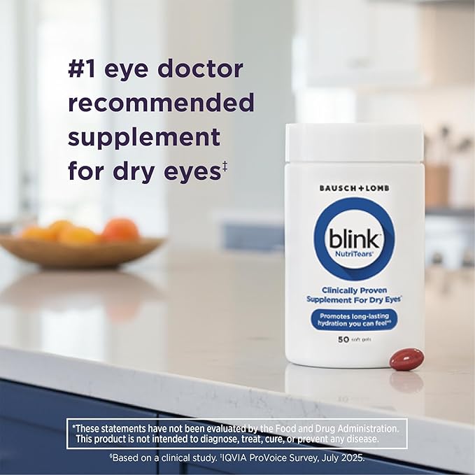 Blink NutriTears Clinically Proven Supplement for Dry Eyes Eye Care with Lutein &amp Zeaxanthin and Vitamin D to Hydrate Eyes from Within for Long-Lasting Relief 50 Softgels