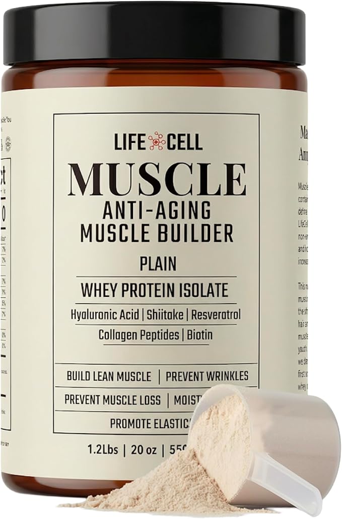 LifeCell Whey Protein – Anti-Aging Muscle Builder with Shiitake Mushroom Collagen &amp Hyaluronic Acid – Plain No Sugar Added Soy-Free Gluten-Free 550g