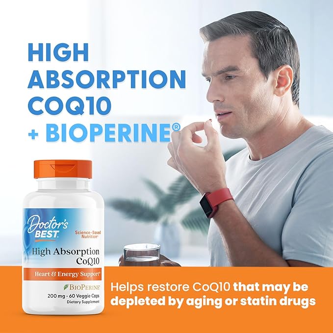 Doctor's Best High Absorption CoQ10 200mg with BioPerine Supplement - Coenzyme Q10 Caps for Heart Health &amp Antioxidant Support CoQ10 200 mg for Women &amp Men Non GMO - 180 Veg Capsules