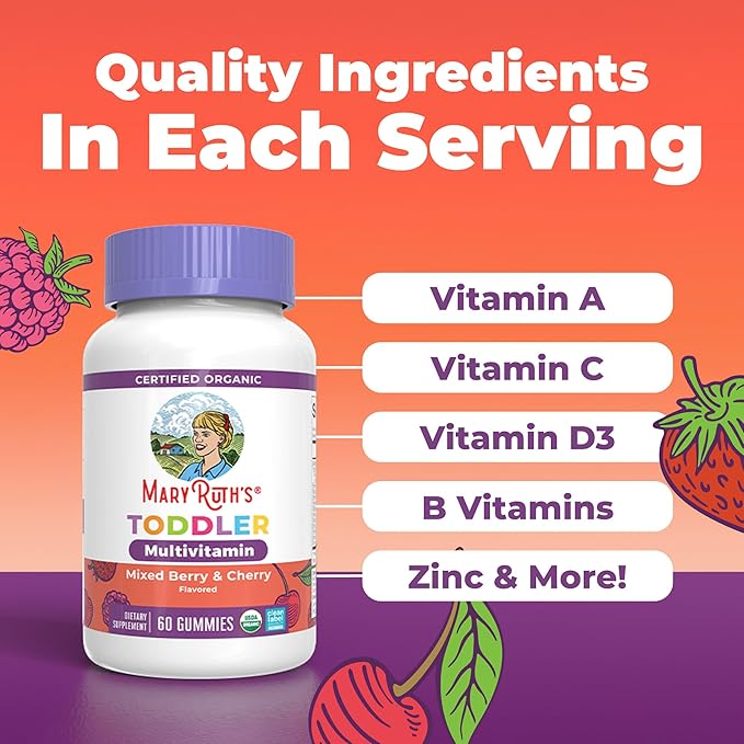 MaryRuth's Organic Toddler Multivitamin Gummies | Ages 4+ | Vitamin A C D E B6 B12 Biotin Iodine Zinc | Immunity | Bone &amp Teeth Health | Skin &amp Vision Support | Vegan | Gluten Free | 6