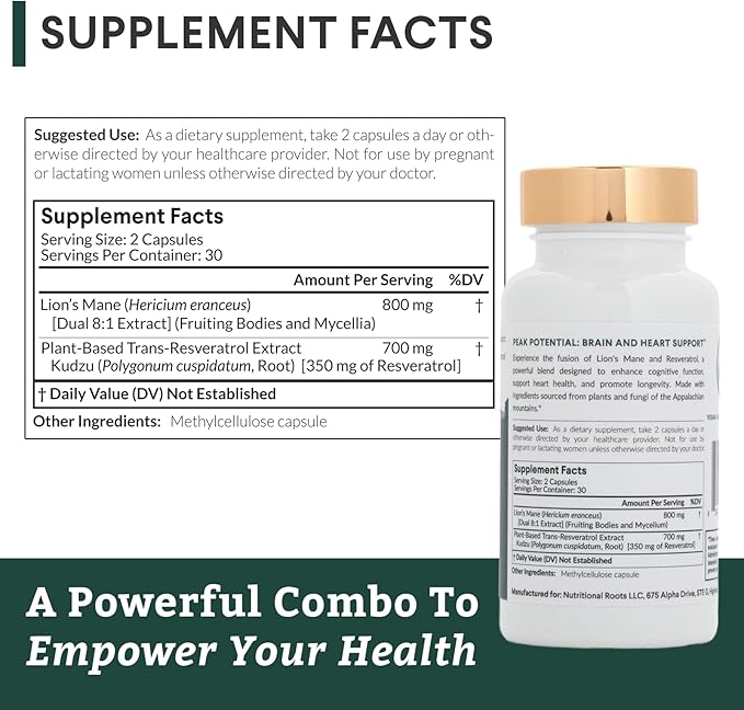 Nutritional Roots - Lion’s Mane + Resveratrol - With 800mg Lion’s Mane Extract &amp 350mg Trans-Resveratrol Per Serving - Supports Brain &amp Heart Health - Dietary Supplement - 1 Month Supply - 60