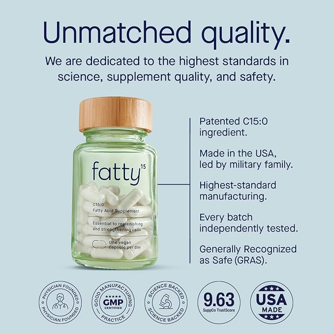 Fatty15 C15:0 Pentadecanoic Acid Supplement The Longevity Nutrient - 180 Vegan Capsules - 3X Cellular Benefits of Fish Oil EPA Omega 3 Supplements - Liver Support &amp Mitochondrial Health