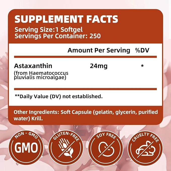 ALLBIZ Astaxanthin 24mg | 250 Softgels | 250-Day Supply | Premium Antioxidant Supplement Supports Eye Skin Brain &amp Liver Health | Natural Microalgae Source Non-GMO Gluten Free