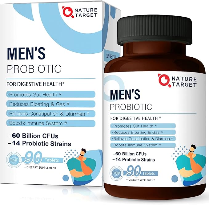 NATURE TARGET Probiotics for Men 60 Billion CFUs14 Strains &amp CoQ10-200mg with PQQ L-Carnitine &amp Omega-3s
