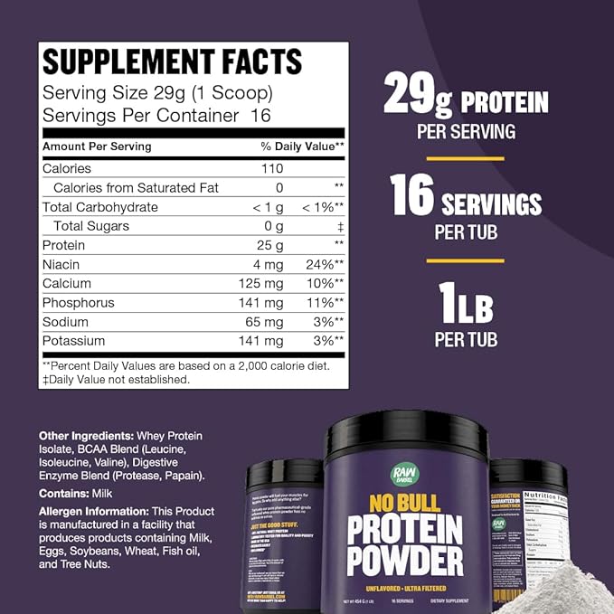 1lb No Bull Unflavored Whey Protein Powder Pure Instantized Whey SupplementHigh Protein Low Carb No Fillers No Additives Flavorless