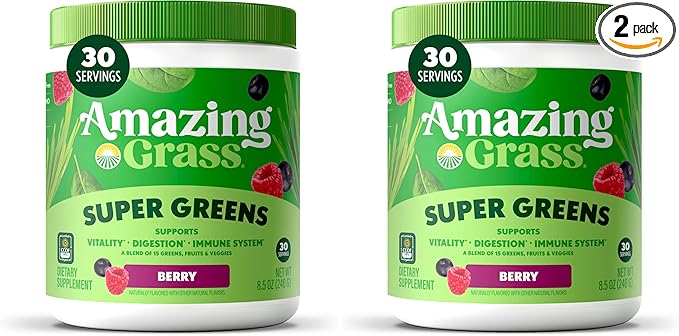 Amazing Grass Greens Superfood Powder: Greens Powder with Digestive Enzymes &amp ProbioticsOrganic SpirulinaChlorellaand Beet Root PowderBerry30 Servings (Packaging May Vary)(Pack of 2)