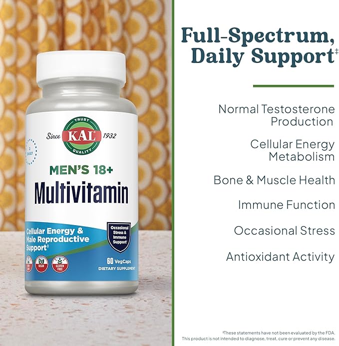 KAL Men’s 18 Plus Multivitamin - 30 Essential Vitamins and Minerals - Vitamin D Vitamin C Zinc and More - Male Reproductive and Cellular Energy Support - Vegan Non-GMO - 30 Servings 60 VegCaps