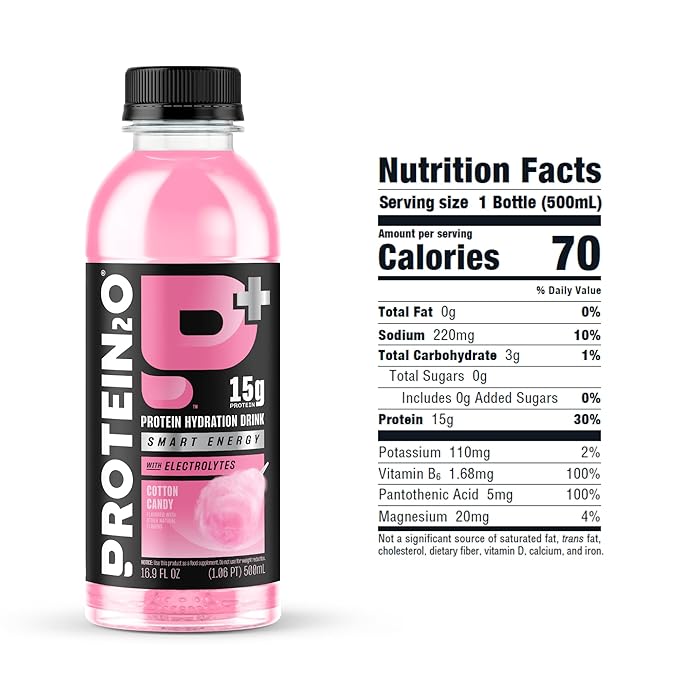 Protein2o 15g Whey Protein Isolate Hydration Drink Plus Energy &amp Focus 350mg of Electrolytes Vitamins B5 &amp B6 Sugar Free Cotton Candy 16.9 oz Bottle (Pack of 12)