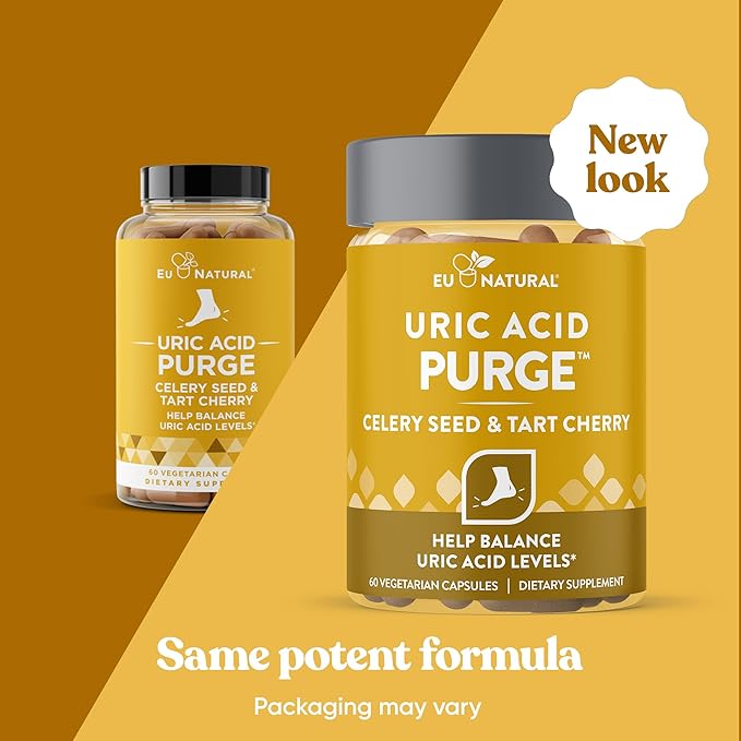 Eu Natural Purge Uric Acid Flush - Eat &amp Drink What You Want - Uric Acid Support for Joints &amp Mobility with Celery Seed Tart Cherry &amp Chanca Piedra - 60 Vegetarian Capsules
