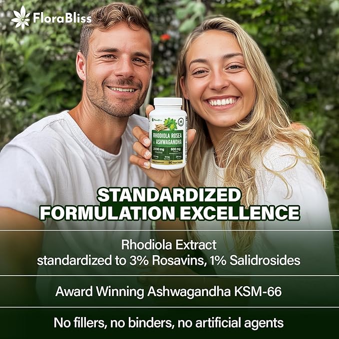 FloraBliss Rhodiola Rosea with Ashwagandha KSM-66 L-Theanine Holy Basil &amp BioPerine - 90 High Potency Vegan Capsules - 45-Day Supply - No Artificial Additives