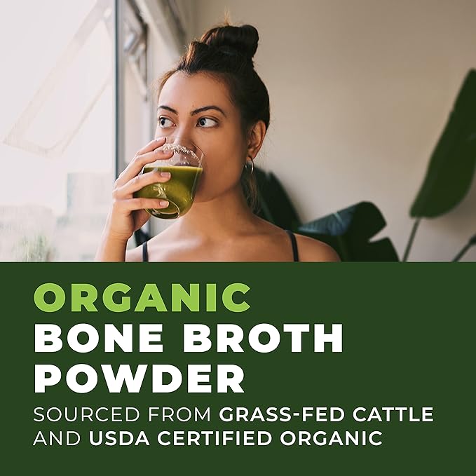 16oz Organic Bone Broth Protein Powder from Grass Fed Beef - USDA Certified Organic Single Ingredient Rich in Collagen Glucosamine No Additives Perfect for Carnivore Paleo and Keto Diets
