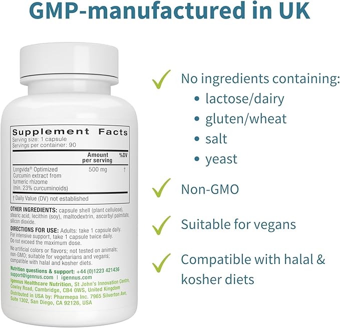 Igennus Longvida Lipidated Curcumin 500mg Ultra Bioavailable &amp Sustained Action 65x Higher Plasma Levels Intensive Support Free-Form Curcumin Vegan 90 Capsules