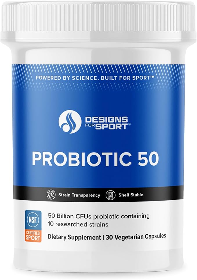 Designs for Sport Probiotic 50 - High-Performance Probiotic Supplement for Athletes* - Gut &amp Immune Support* - Shelf Stable - Dairy Soy &amp Gluten Free - 30 Vegetarian Capsules