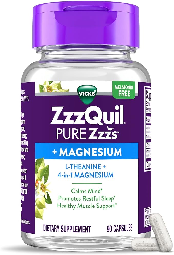 ZzzQuil Pure Zzzs +Magnesium Capsules L-Theanine and Magnesium Sleep Aid 4-in-1 Magnesium: Citrate Bisglycinate Oxide and Carbonate Sleep Aids for Adults 90 Sleep Capsules