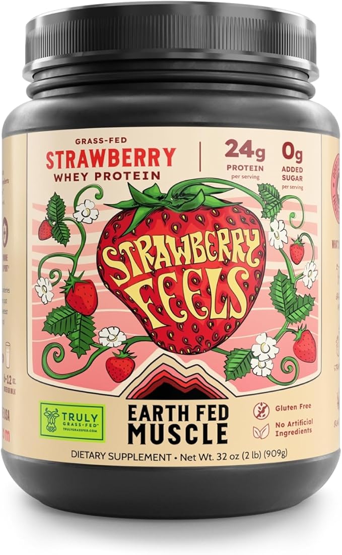 Earth Fed Muscle Strawberry Feels (Forever) – Irish Truly Grass‑Fed Whey Protein Isolate No Sugar Soy‑Free Gluten‑Free (2 lb 29 Servings Strawberry)