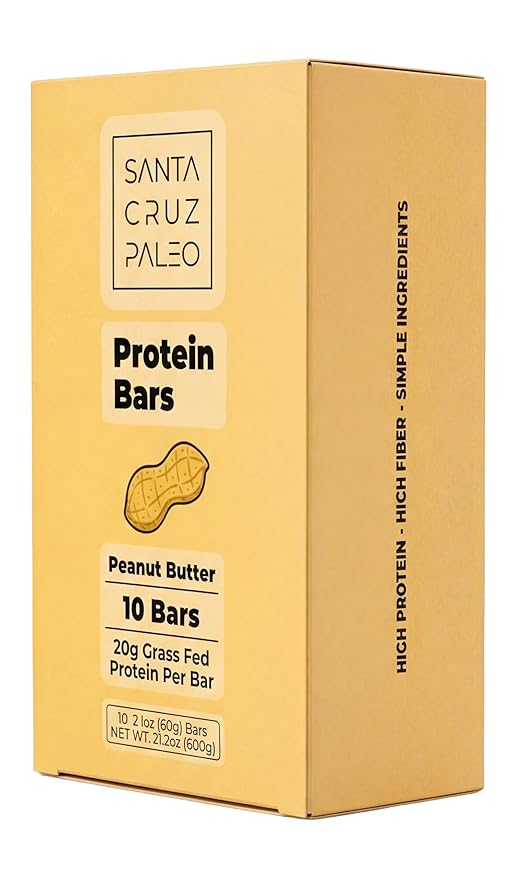 Santa Cruz Paleo Protein Bar – 20g Grass-Fed Whey &amp Collagen Protein – Wildflower Honey Sweetened No Seed Oils High Protein Snack Bar (Peanut Butter Flavor Pack of 10)
