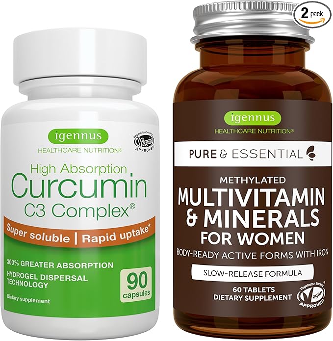 Multivitamin &amp Minerals for Women + High Absorption Curcumin C3 Complex Vegan Bundle Sustained Release Advanced Multivitamin + 300% Greater Absorption Curcuminoids with Rapid Uptake by Igennus