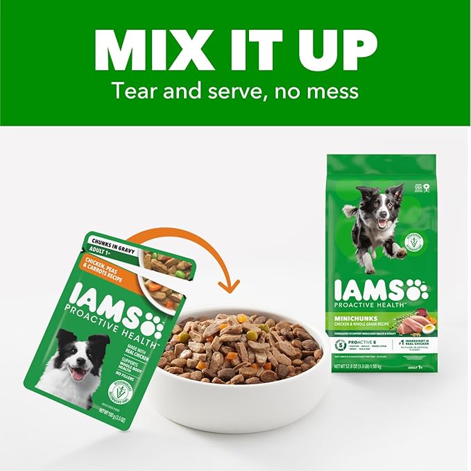 IAMS Proactive Health Adult Wet Dog Food Chicken Peas and Carrots Recipe 3.5 oz. Pouch (16 Count Pack of 1)