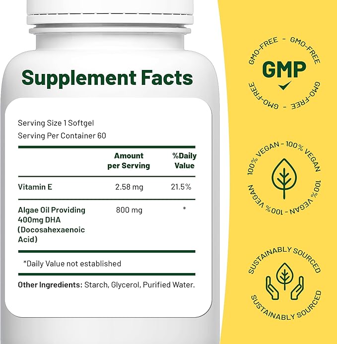 Vegan Vitality Vegan Omega 3 Supplement - 60 Plant Based Algae Oil Soft Gels Essential Fatty Acids with Vegan DHA for Joint Heart &amp Immune Support Without EPA