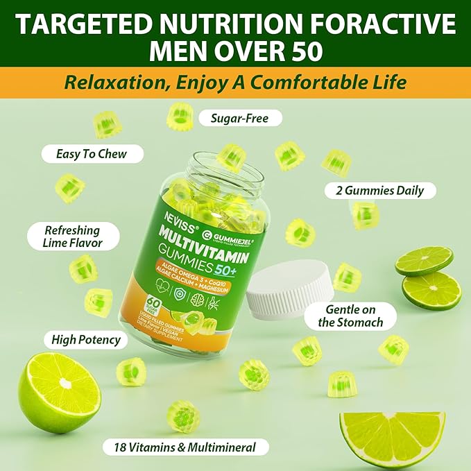 Multivitamin for Men 50 + Plus Sugar Free Men Multivitamins Gummies w/Omega-3 Coq10 D3k2 Calcium Magnesium Zinc Vitamins A C &amp E Mens Vitamins for 𝖧𝖾𝖱𝗍 Antioxidant Brain Bone 60ct