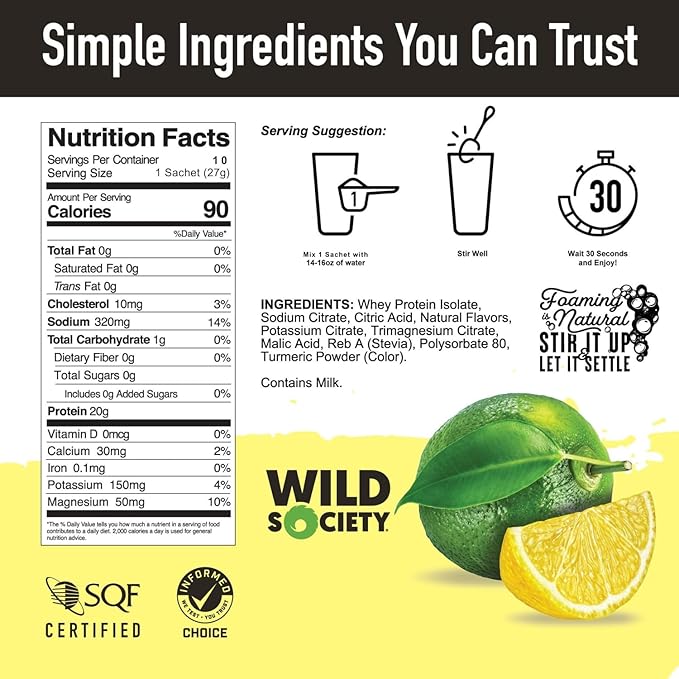 WILD SOCIETY - Clear Protein Powder + Electrolytes - 20g Clear Whey Protein Isolate Drink - Zero Sugar - 0g Lactose - Natural Ingredients - Travel Pack - 10x Singe Serves - Lemon Lime