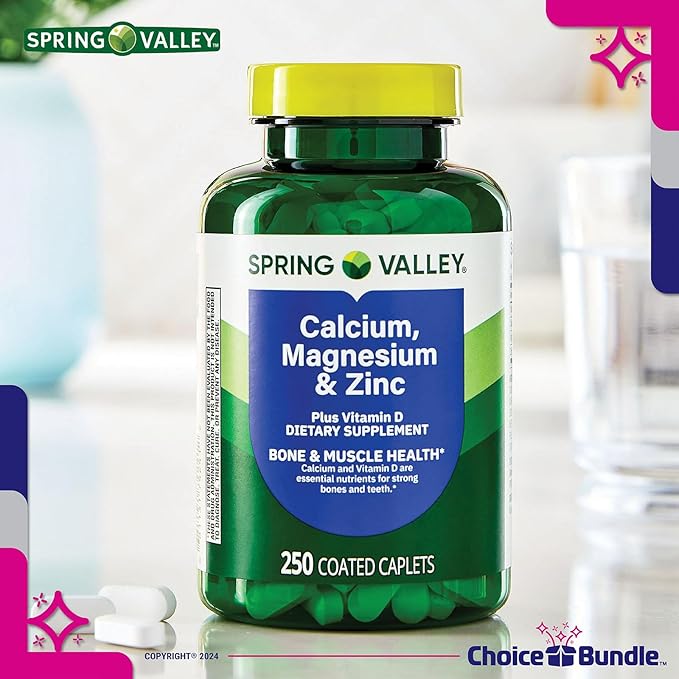 Spring Valley Calcium Magnesium &amp Zinc Plus Vitamin D Coated Caplets 250 Ct 4 pk (1000 Total) + Vitamin Vitality &amp Pill Container (6 Items)!