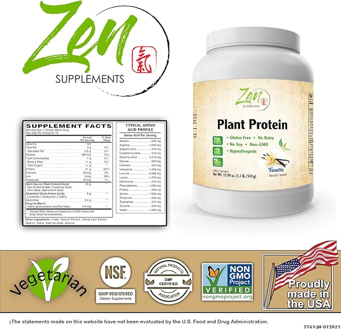 Zen Supplements - Plant Protein-Vanilla 510G 1.1LB-Powder- 25 Grams of Protein Per Serving -Vegan Low Net Carbs Non Dairy Gluten Free Lactose Free No Sugar Added Soy Free Kosher Non-GMO