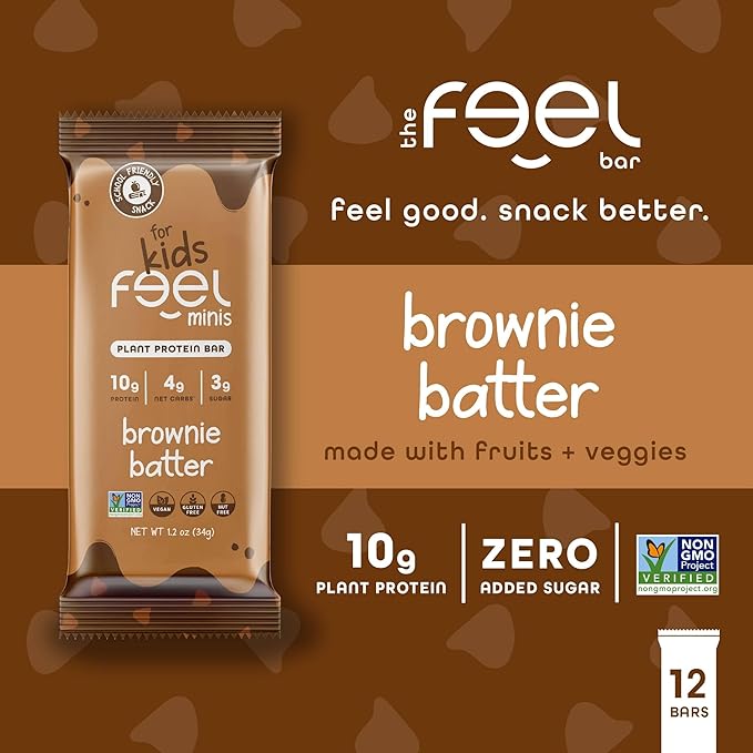 Feel Bar Minis – Kids Protein Bars | Brownie Batter – 12 Pack | 10g Plant Protein | 100 Calories | No Added Sugar | + Daily Veggies | Gluten Free No Nuts No Soy No Dairy No Grains