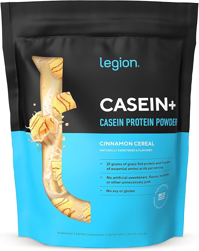 LEGION Casein+ Casein Protein Powder (Cinnamon Cereal) - Slow-Release Micellar Protein Powder - Non-GMO Gluten-Free &amp Naturally Sweetened Powder from Grass-Fed Cows