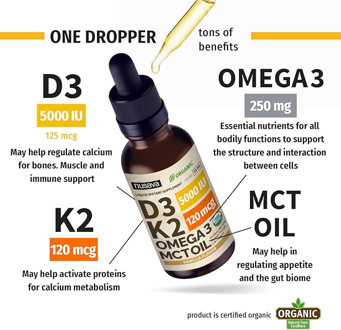 NUSAVA (4 Pack) Organic Vitamin D3 K2 Drops with MCT Oil Omega 3 5000 IU Maximum Strength Vitamin D Liquid - No Fillers Non-GMO Liquid D3 for Faster Absorption &amp Immune Support (Vanilla 4 Fl O