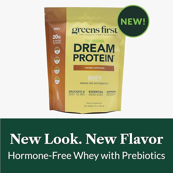 Greens First Dream Protein Powder Whey - 20g Protein Per Serving - Hormone-Free with Prebiotics - Non-GMO - No Artificial Sweeteners/MSG/Aspartame (Caramel Cappuccino 25 oz)