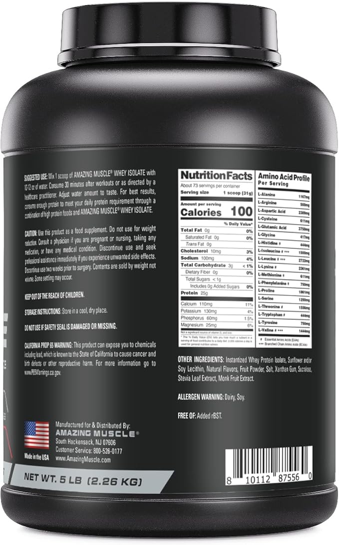 Amazing Muscle Whey Protein Isolate Powder | 25 Grams Protein Per Serving | 100% Whey Isolate | Zero Fat | Made in USA (5 LB Strawberry)