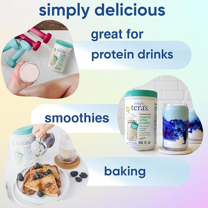 simply tera's Lactose Free Organic Whey Protein Powder - Lactose Free Vanilla 20g of Protein Per Serving Non-GMO Gluten-Free rBGH-Free Kosher - 12 Oz