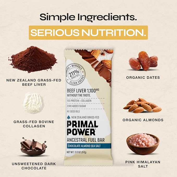 Primal Power Beef Liver Bar 1100mg - New Zealand Grass-Fed 211% DV B12 10g Protein Collagen - Zero Added Sugar No Seed Oils Gluten Free - Chocolate Almond Sea Salt (12 Pack)